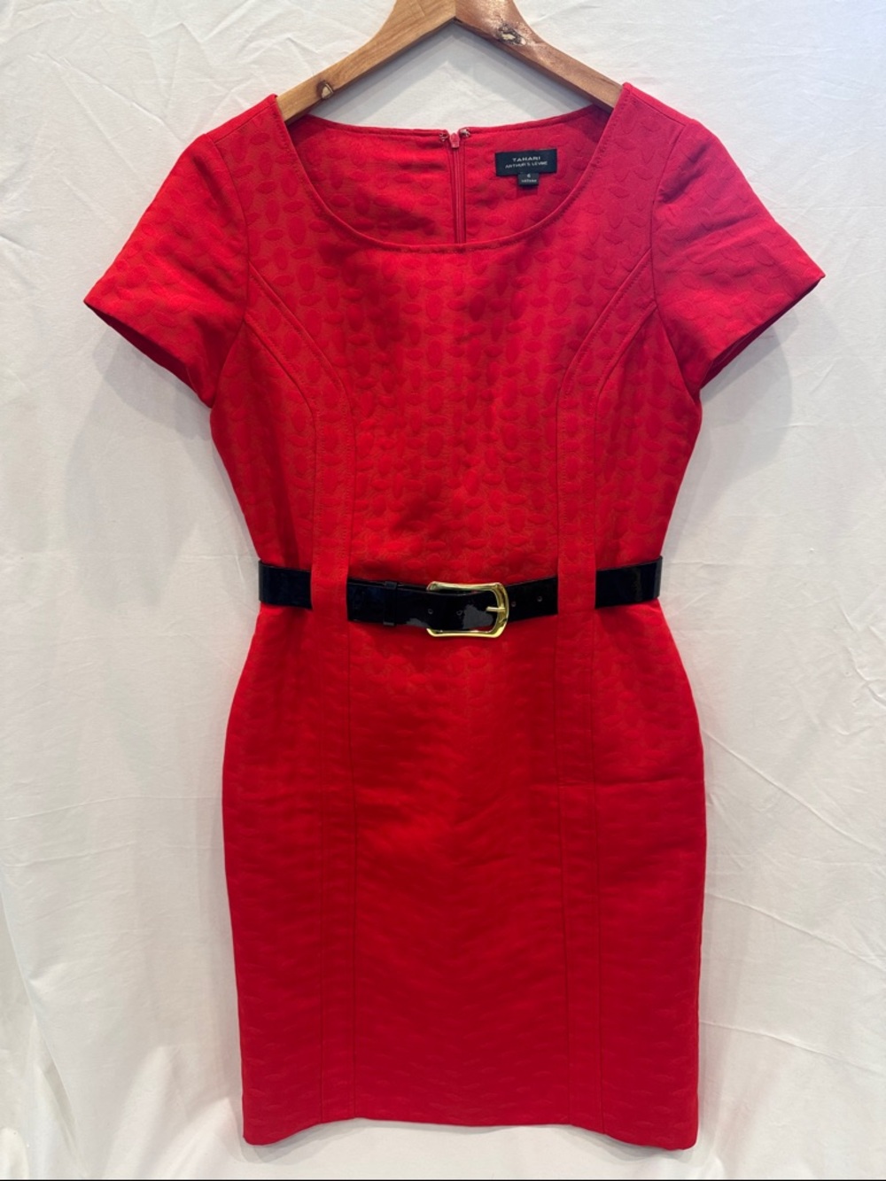 Tahari Red Sheath Dress with Black Leather Belt, Size 6